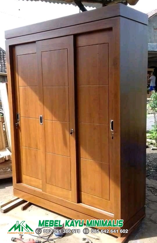 Almari Baju Minimalis Kayu Jati Pintu Sliding