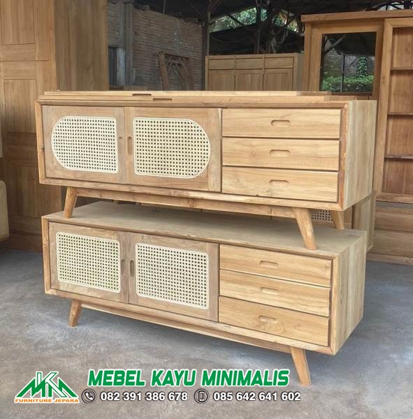 Bufet TV Retro Kayu Jati Rotan