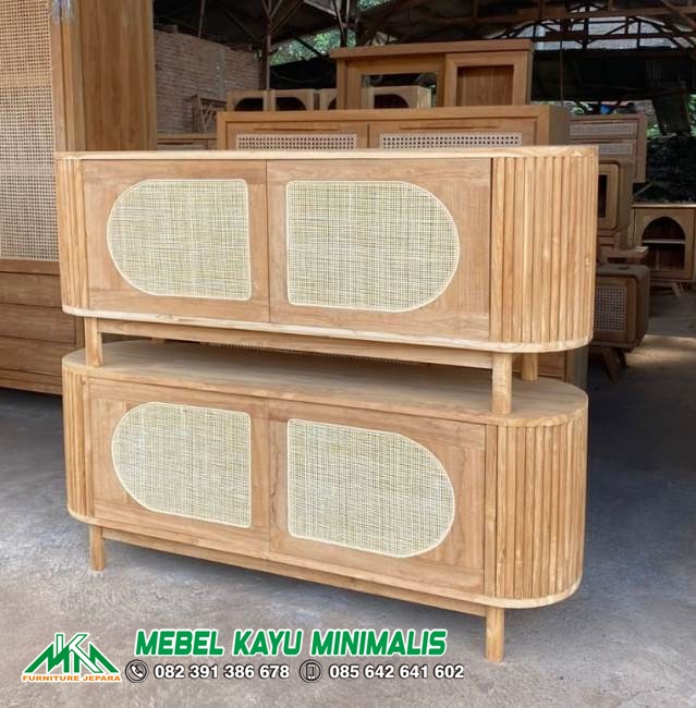 Bufet TV kayu Minimalis Kombinasi Rotan